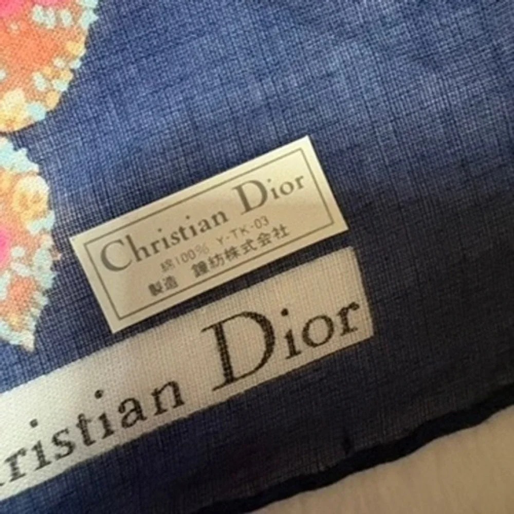 Vtg CHRISTIAN DIOR Scarf Handkerchief Butterfly Floral Cotton Navy Blue 17.5